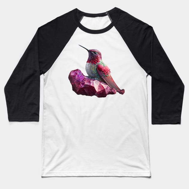 Crystal Hummingbird perched on Crystals Baseball T-Shirt by SCHummingbirds